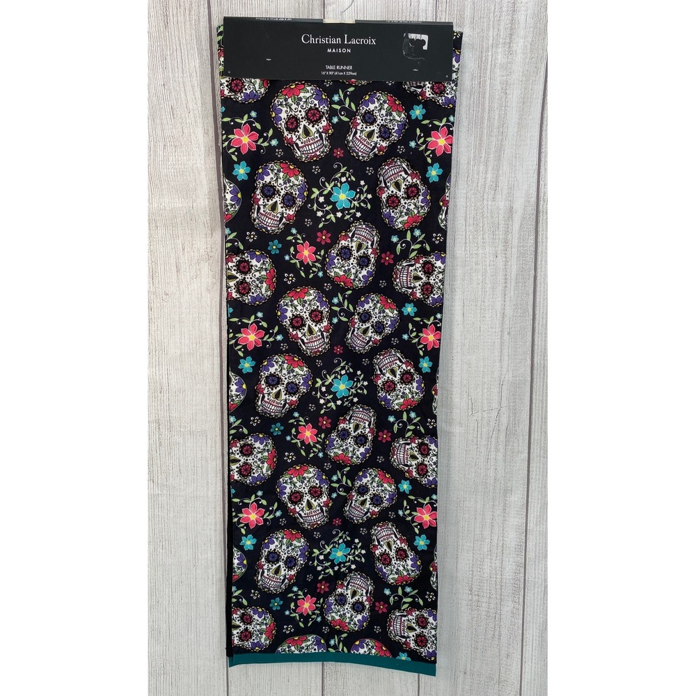 Christian Lacroix Table Runner 16x90 Black Sugar Skull Gold Embroidery Day Dead